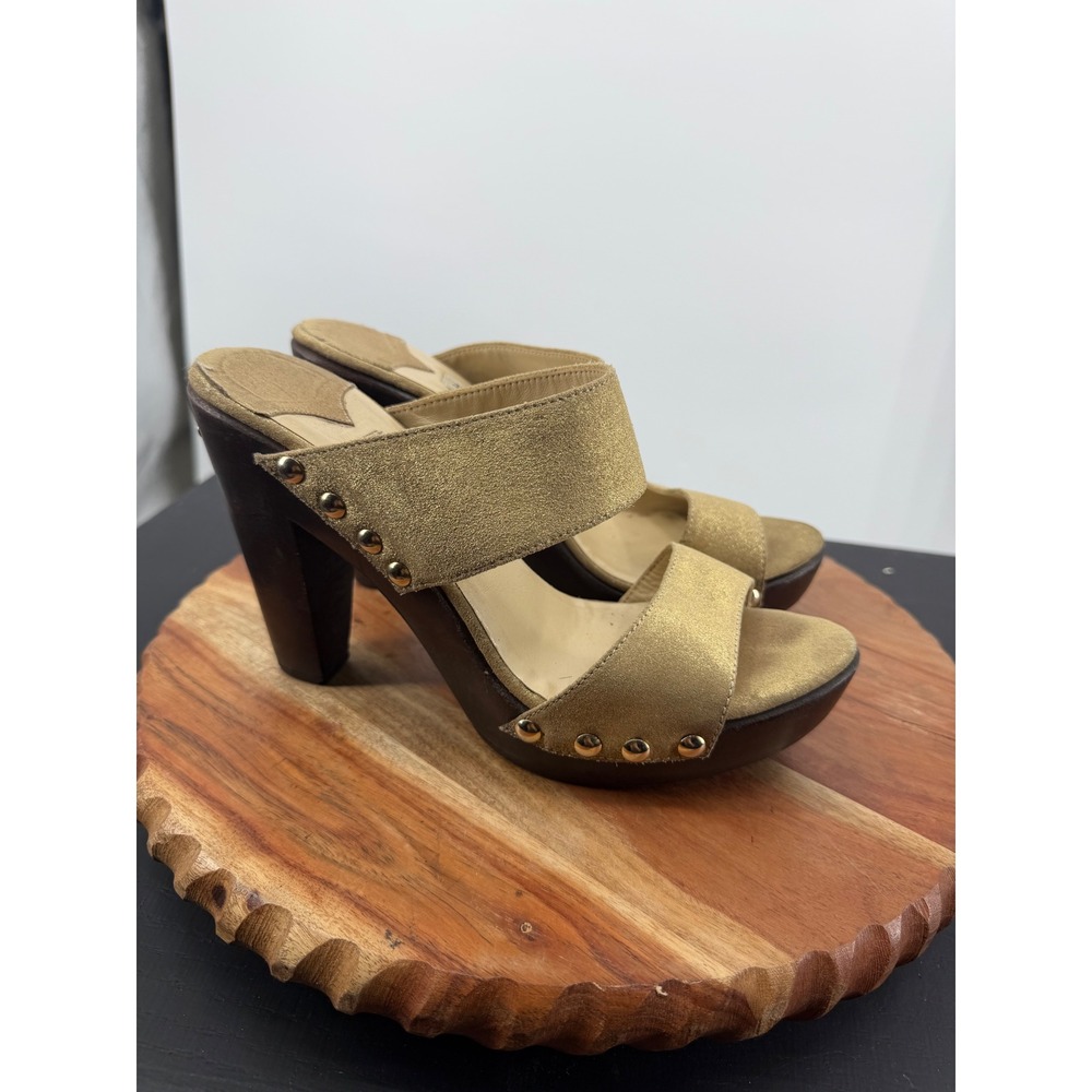 Jimmy Choo Platform Mules Women 41 Gold Metallic‎ Suede Studded Wood Block Heel